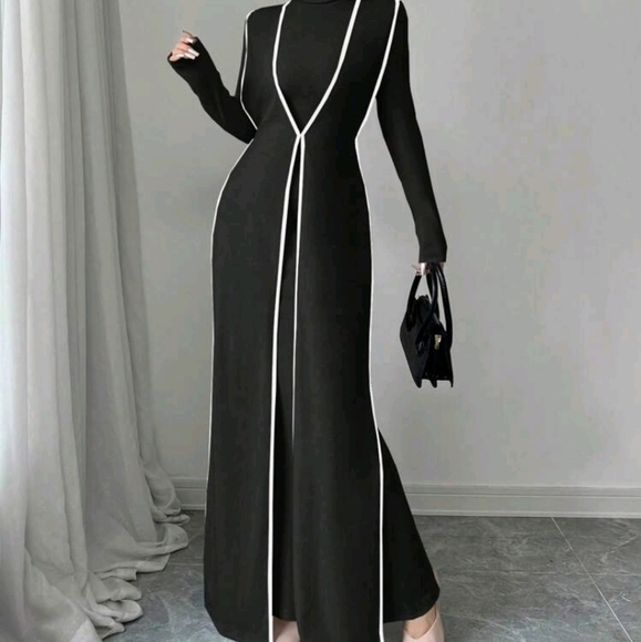 2pcs Set Knitted Ribbed Turtleneck Color Block Dress For Women - Picture 6 of 7